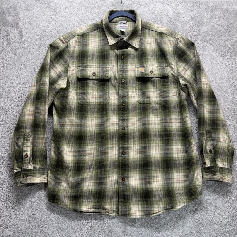 Carhartt Shirt Mens Large‎ Green Button Down Long Sleeve Plaid Flannel Outdoor